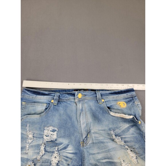 Frost Origin Shorts Mens 38 Blue Distressed Ripped Denim Yellow Patch Streetwear - Picture 8 of 15